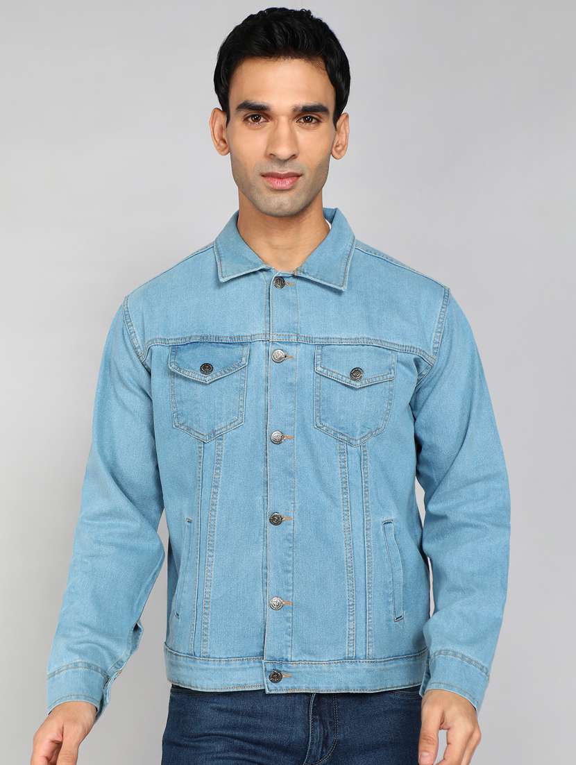 men solid light blue denim casual jacket