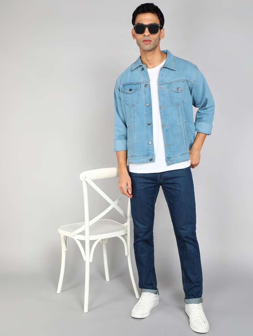 men solid light blue denim casual jacket - 20388713 - Standard Image - 2