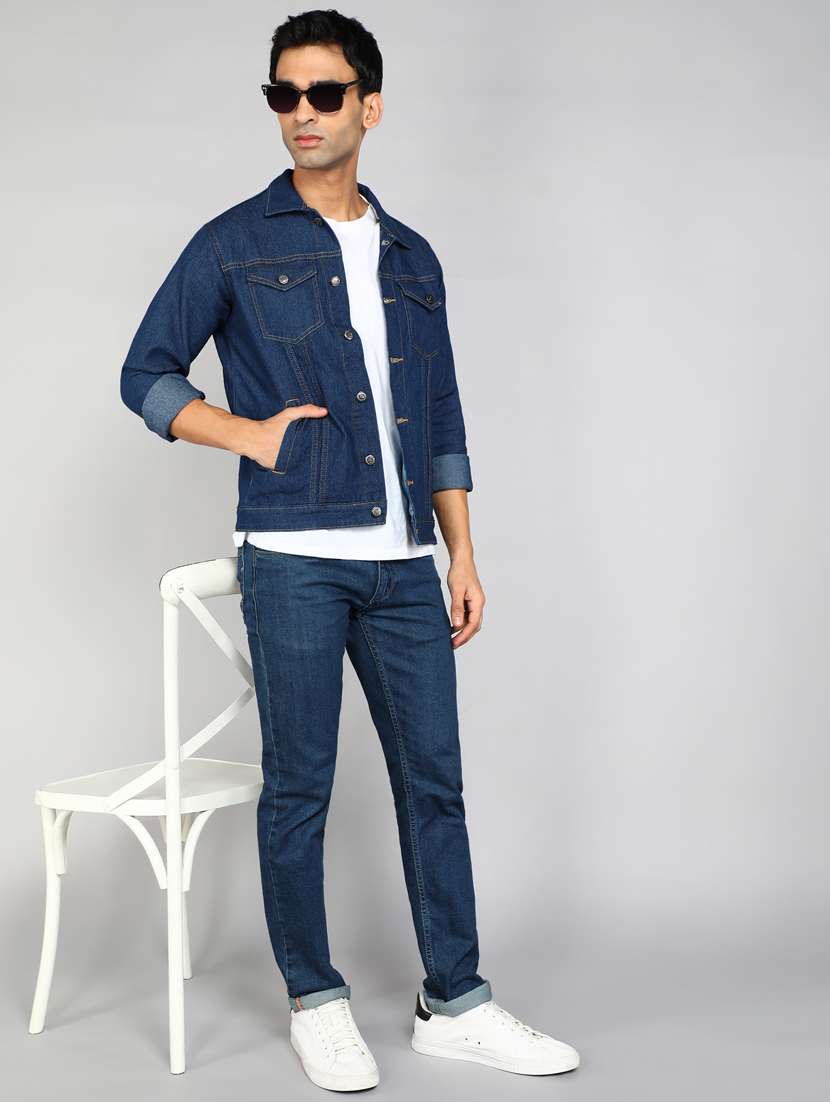 men solid dark blue denim casual jacket - 20388714 -  Standard Image - 2