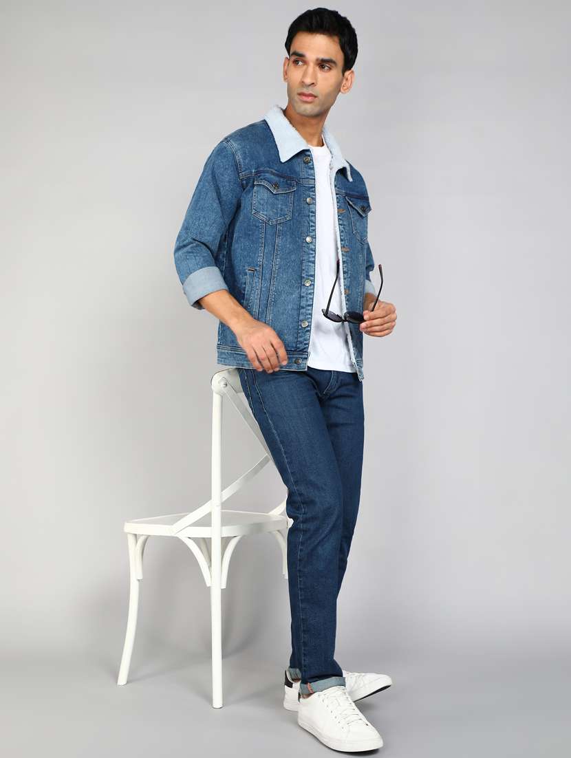 men blue denim washed casual jacket - 20388715 -  Standard Image - 2