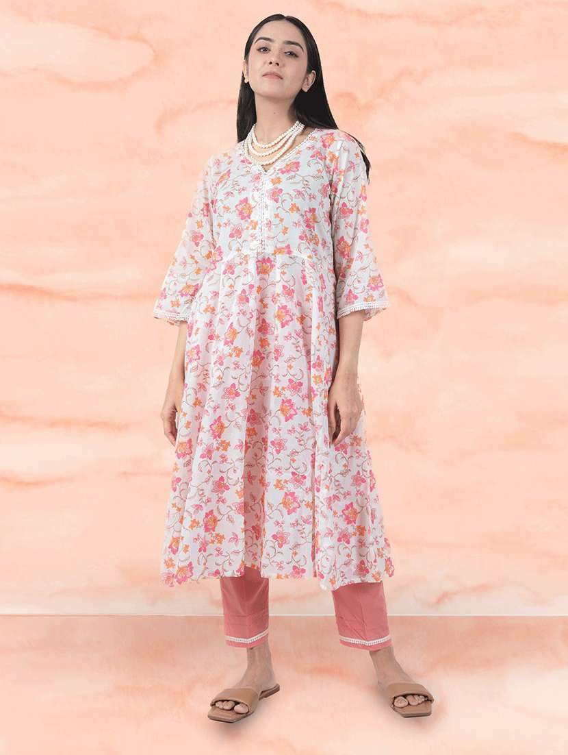 women white v-neck kurta pant set - 20388852 - Zoom Image - 0