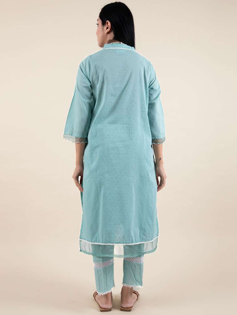 women light blue v-neck kurta pant set - 20388863 - Standard Image - 2