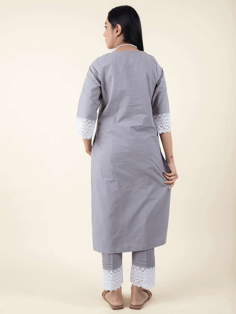 women grey key hole neck kurta pant set - 20388867 -  Standard Image - 2