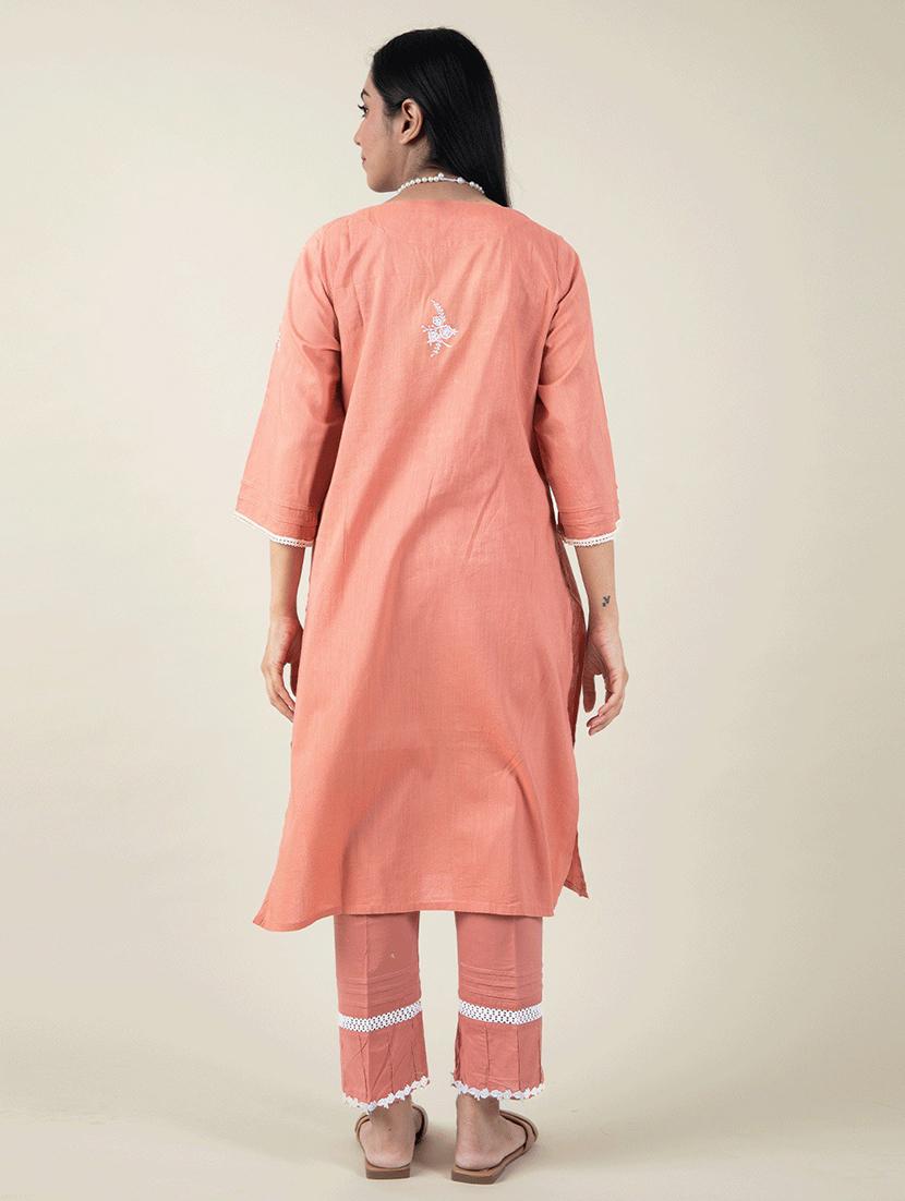 women peach sweetheart neck kurta pant set - 20388877 - Standard Image - 2