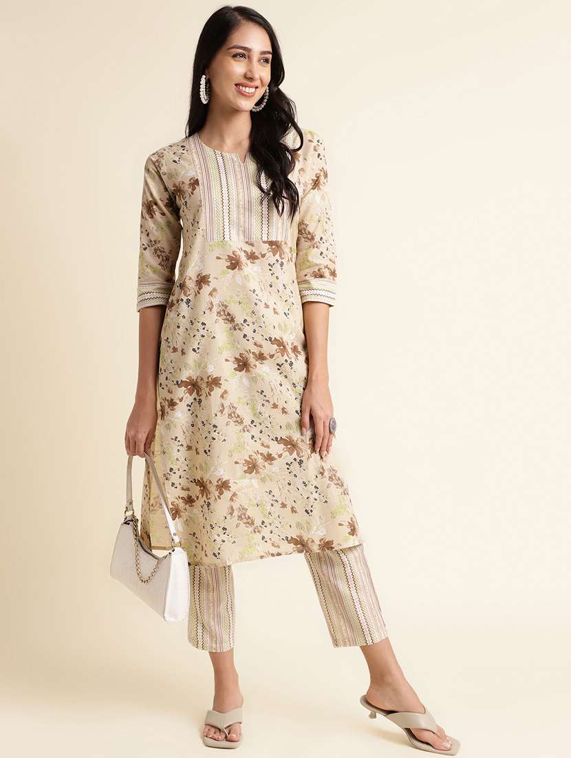 women beige round neck kurta pant set