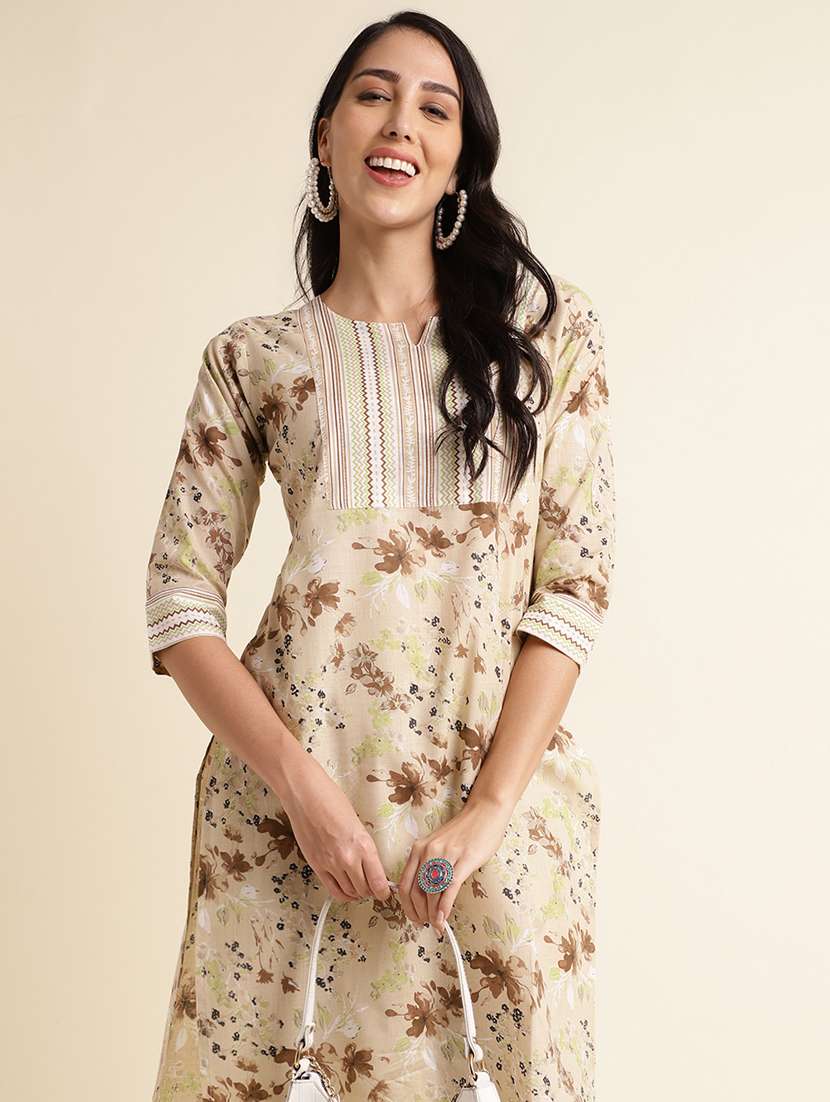women beige round neck kurta pant set - 20388939 -  Standard Image - 2