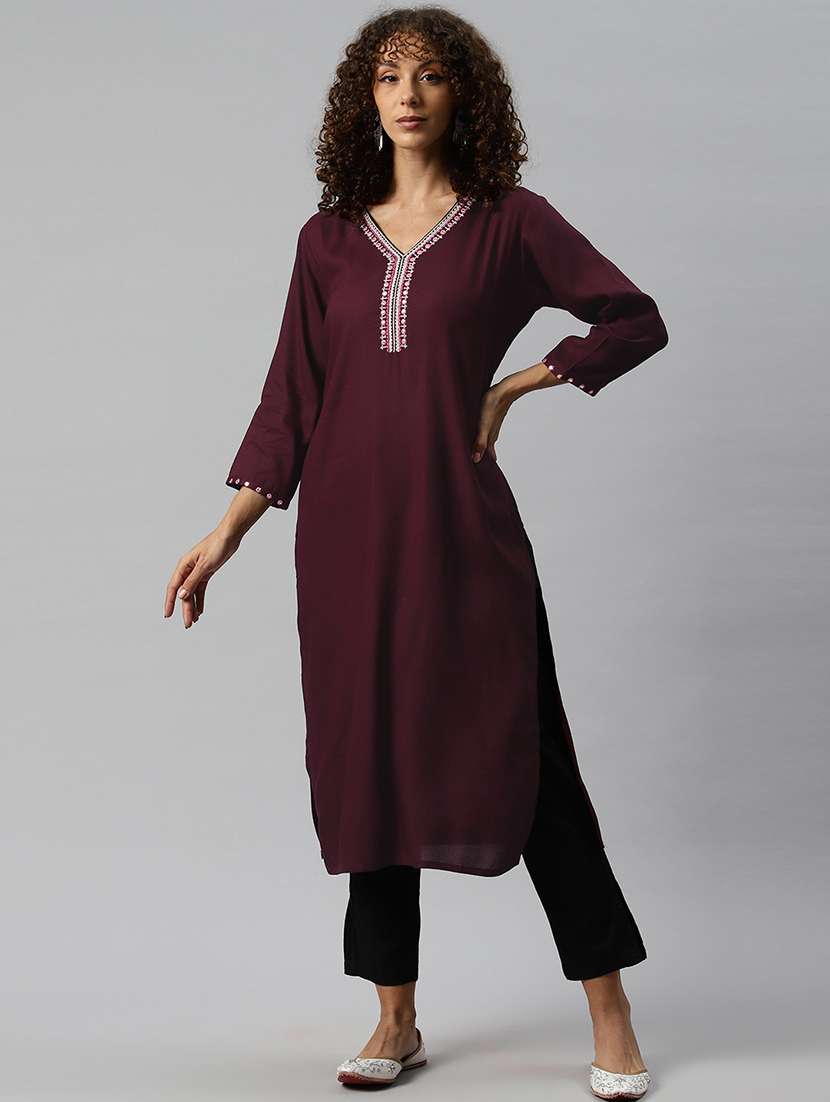 women burgundy solid v-neck straight kurta