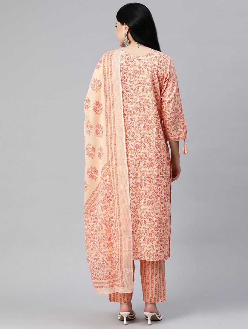 women peach round neck kurta pant set with dupatta - 20389786 - Standard Image - 2