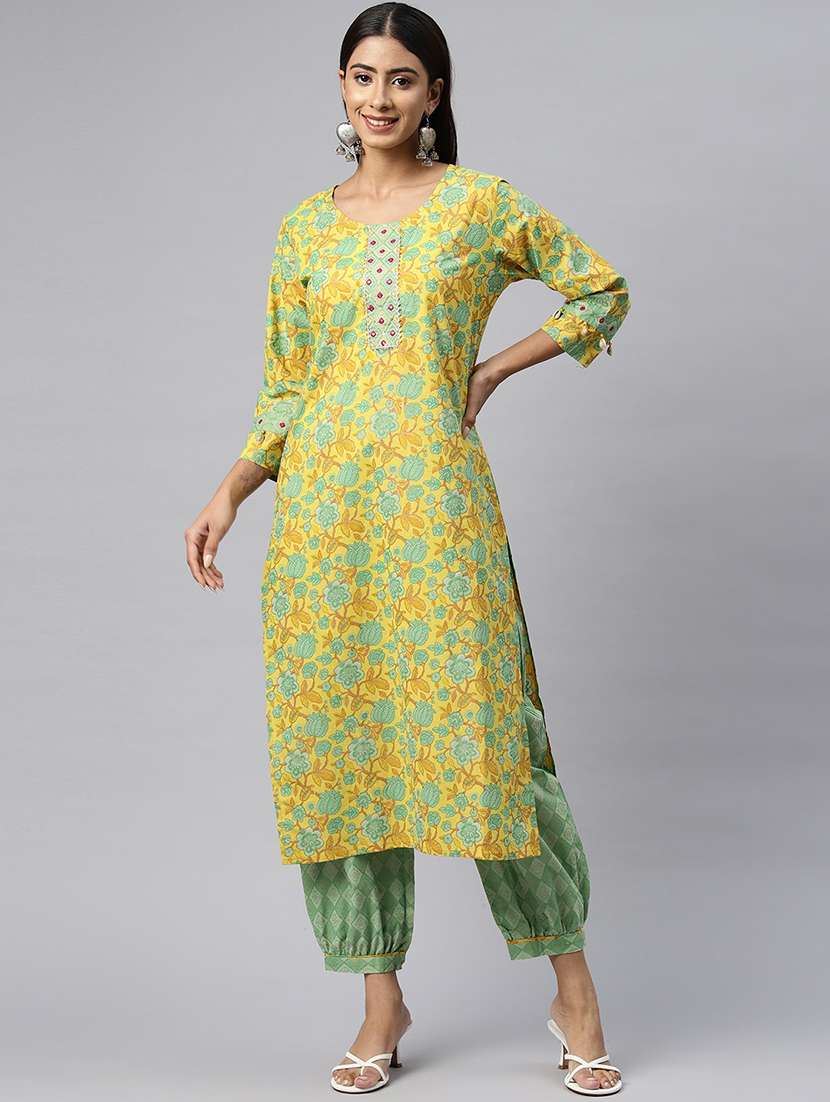 women yellow floral kurta salwar set