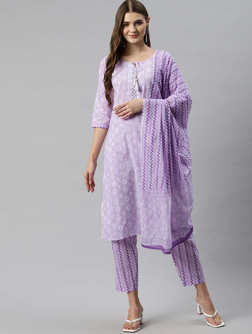 women lavender tie up neck kurta pant set with dupatta