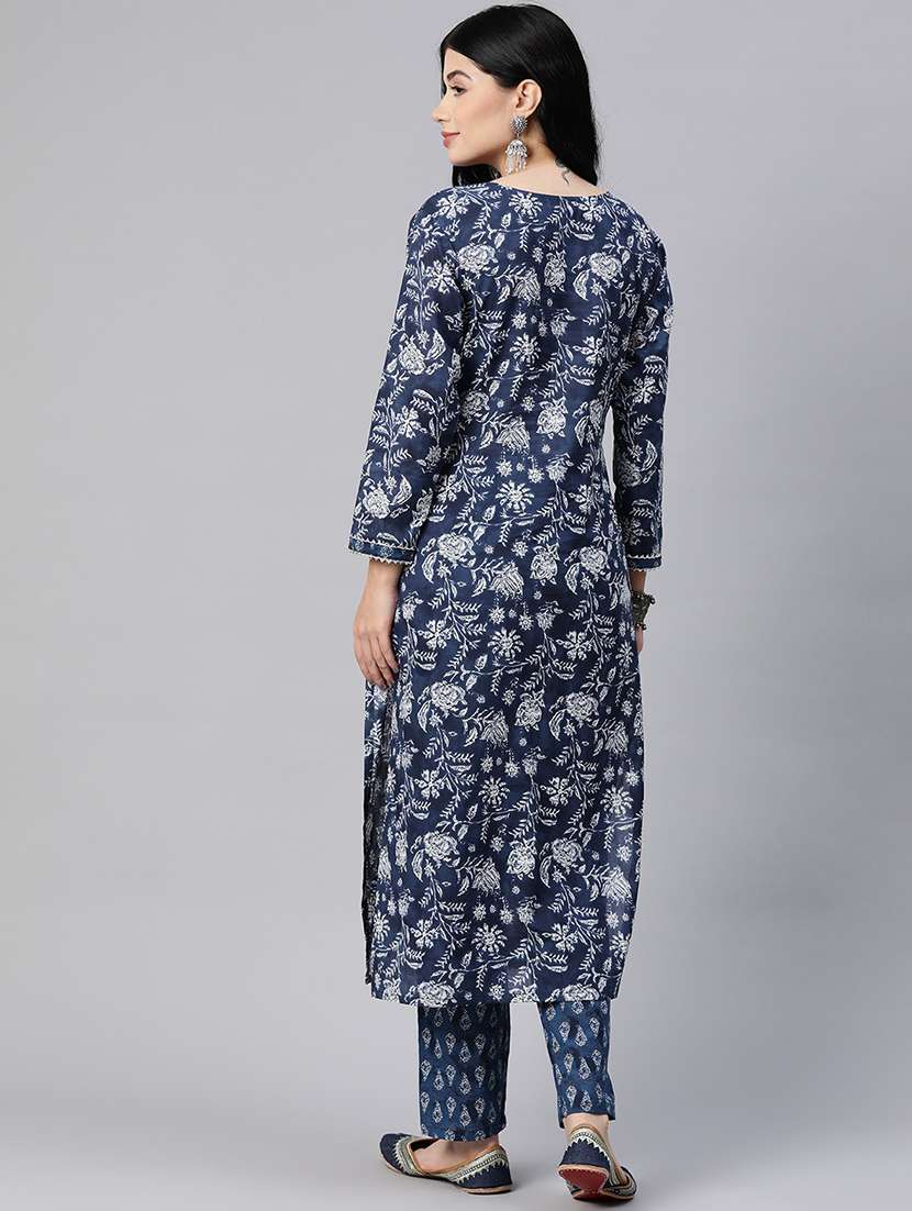 women navy blue round neck kurta pant set - 20389815 -  Standard Image - 2