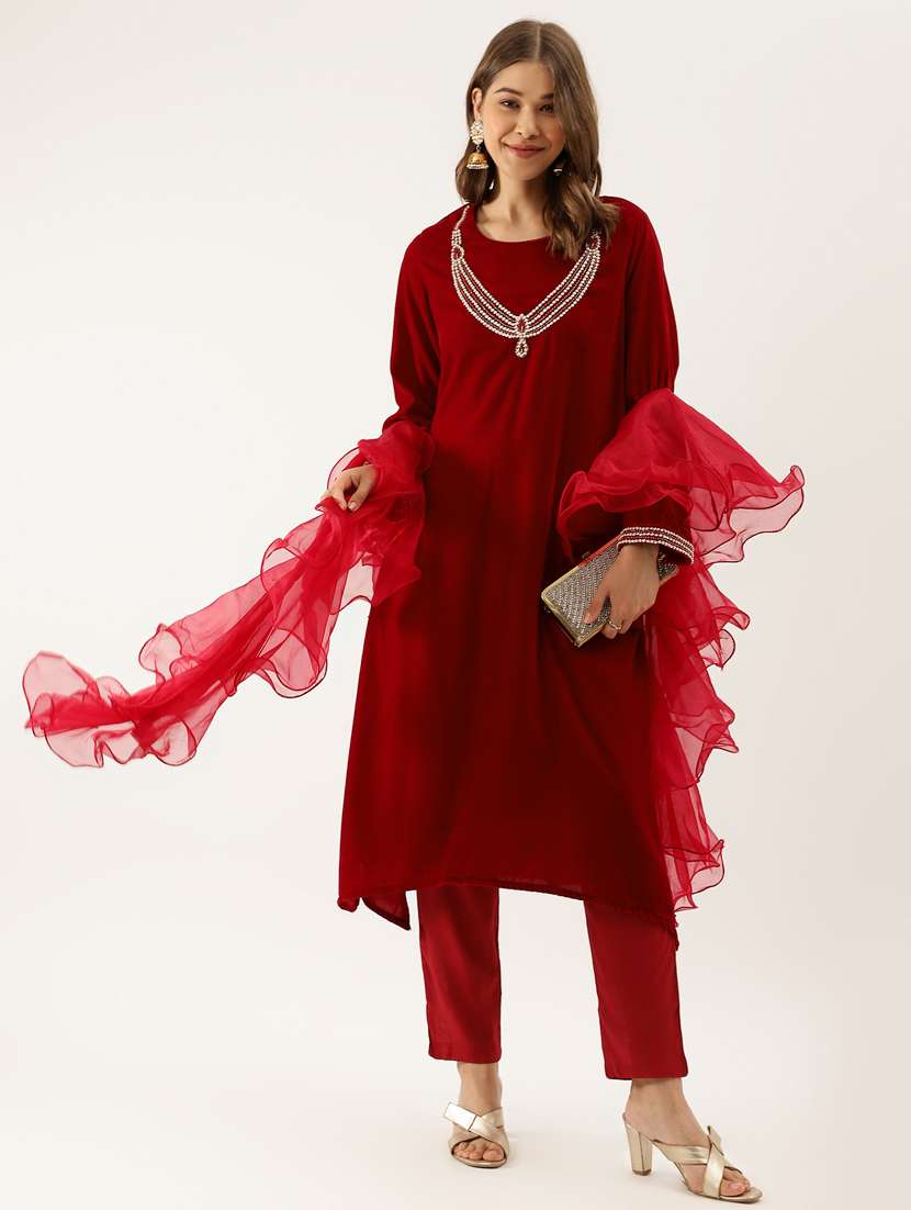 maroon solid with work kurta pant set