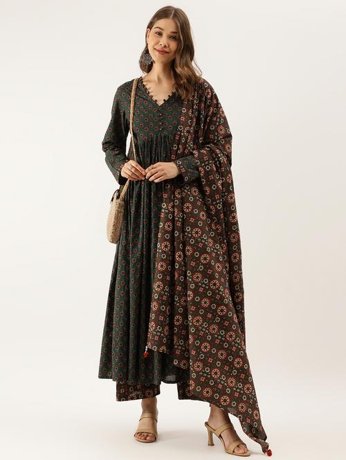 women green long sleeve kurta palazzo with dupatta set - 20390411 - Standard Image - 0