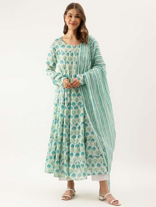 green handblock floral print cotton kurta set with dupatta - 20390414 - Standard Image - 0