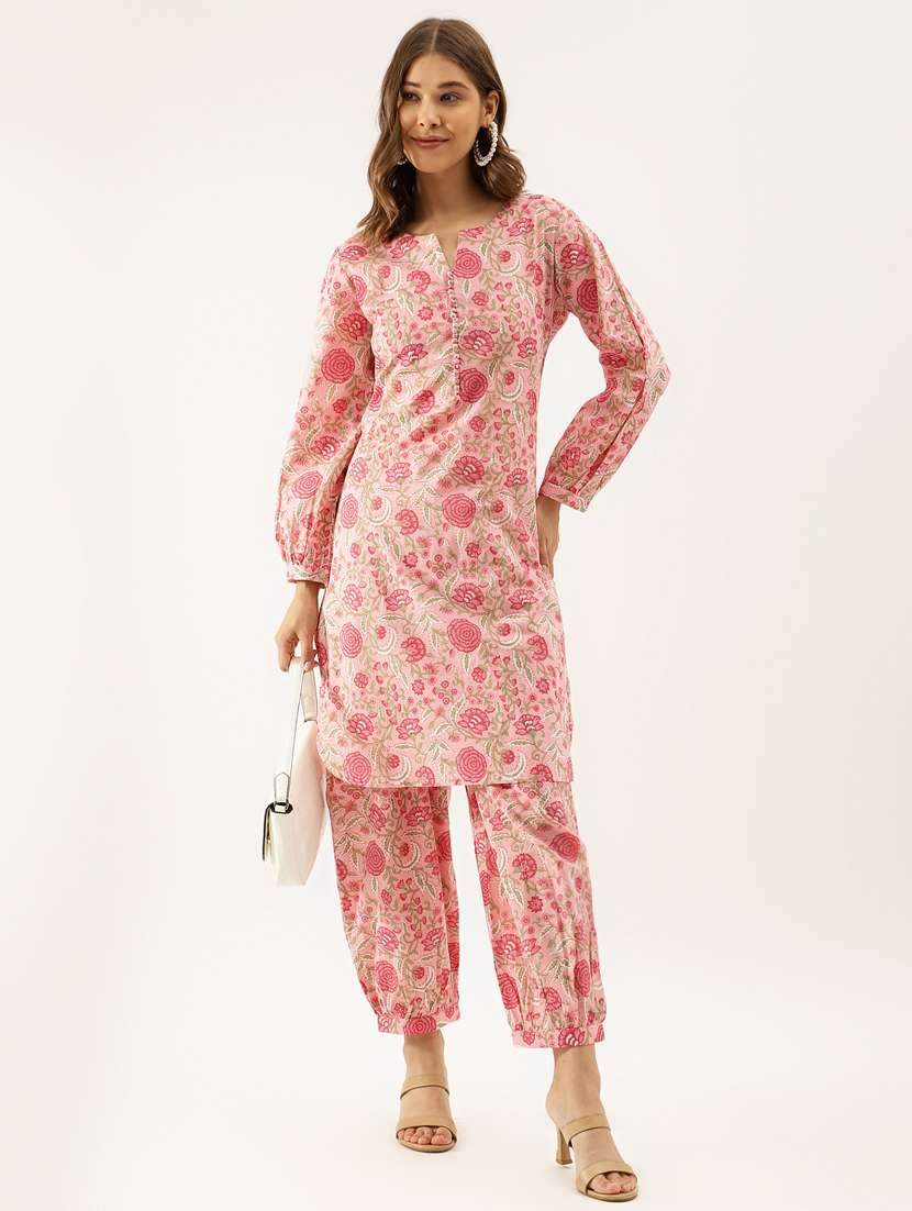women pink floral print kurta salwar set