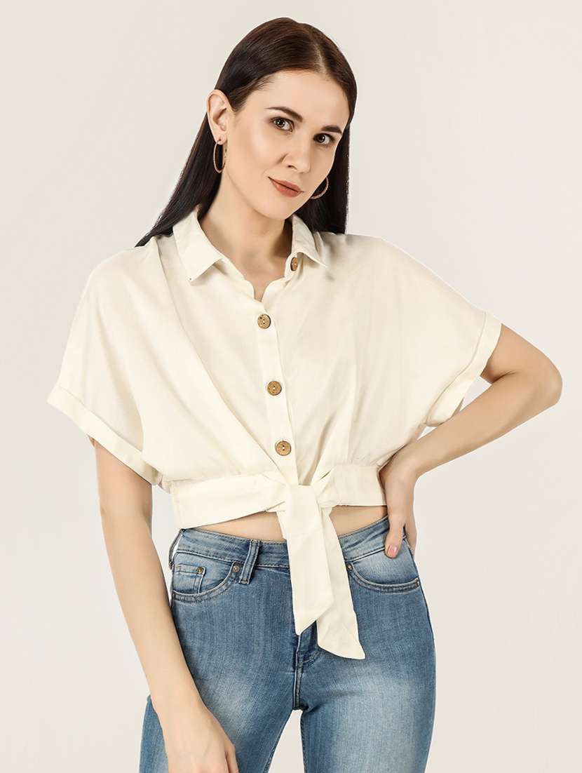 white solid crop shirt