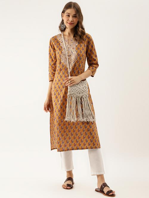 mustard paisley print straight kurta - 20390474 -  Standard Image - 0