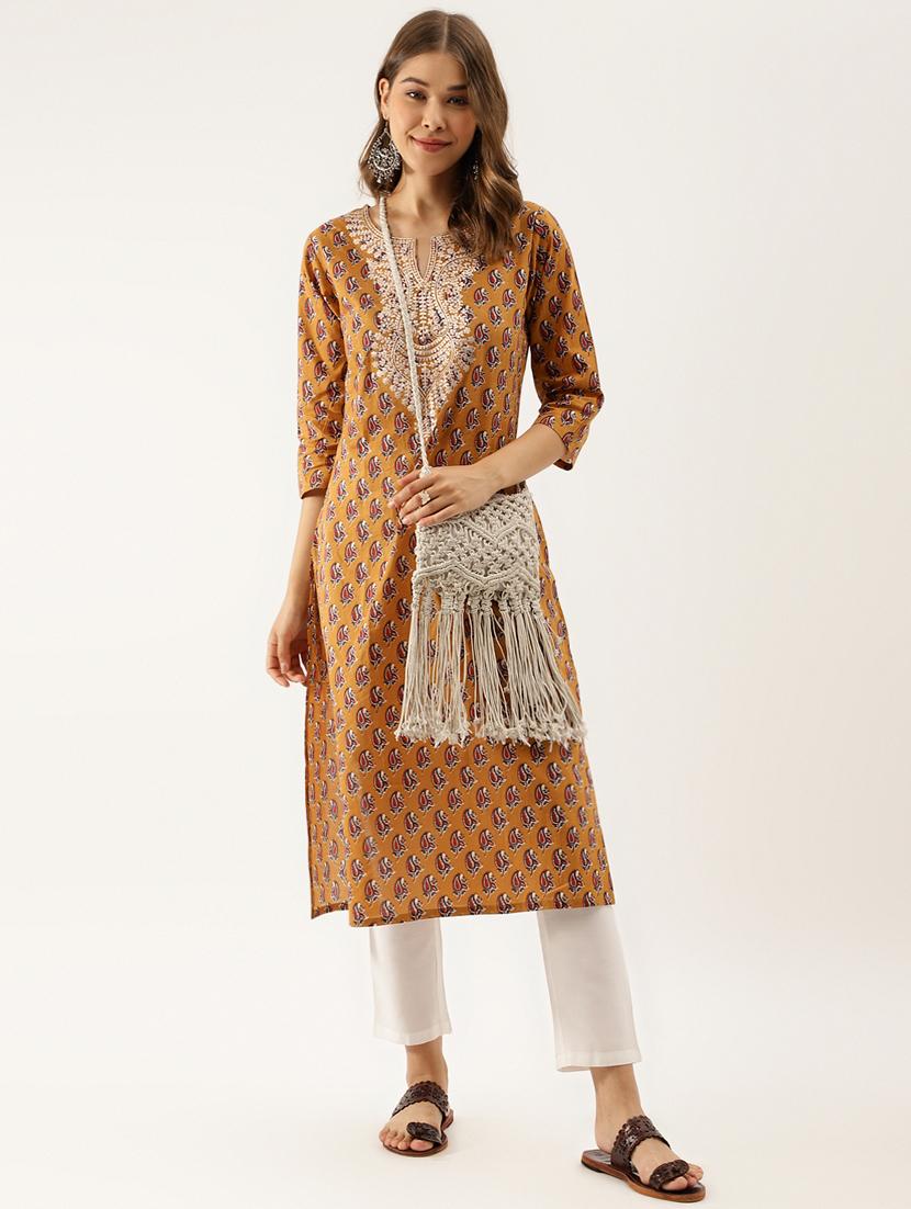 mustard paisley print straight kurta - 20390474 -  Zoom Image - 0