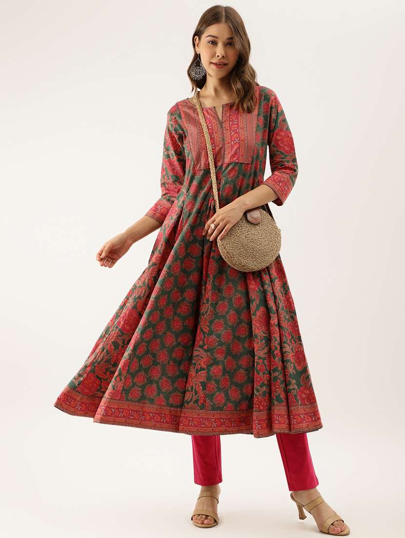 women green floral notch neck anarkali kurta