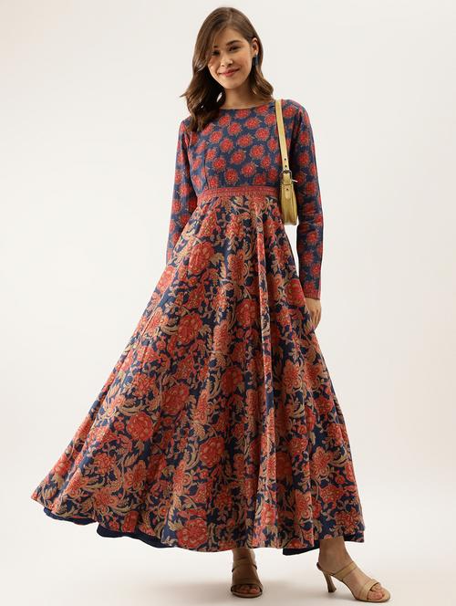 women navy blue floral print flared kurta - 20390476 - Standard Image - 0