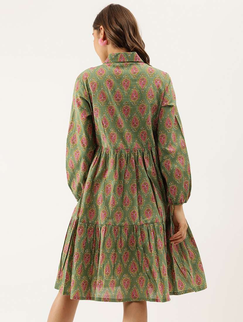 women olive printed long sleeve tiered dress - 20390532 - Standard Image - 2