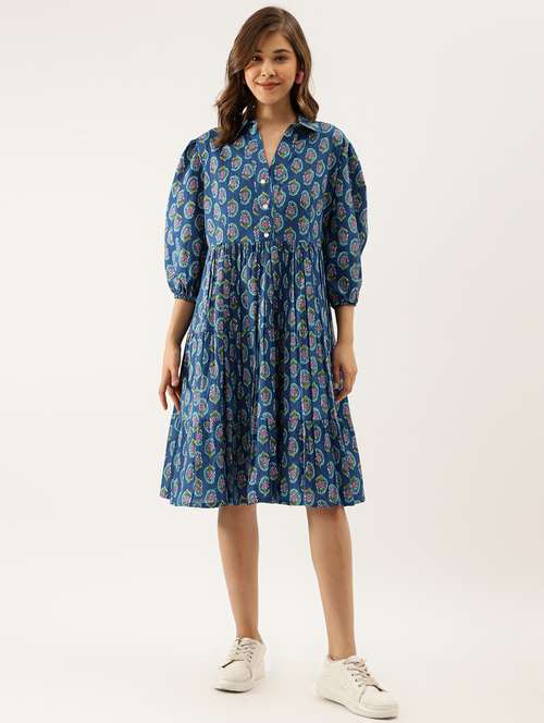 blue printed a-line dress - 20390533 - Standard Image - 0