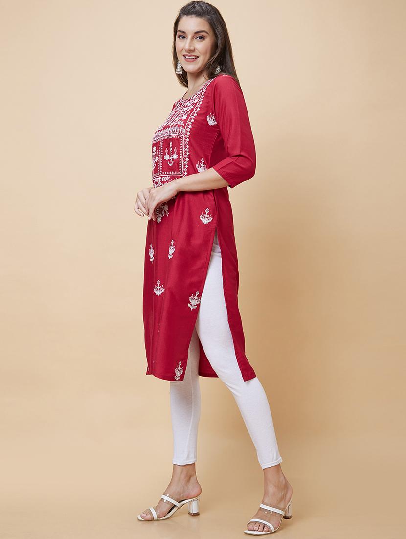 women maroon round neck straight kurta - 20394947 - Standard Image - 2