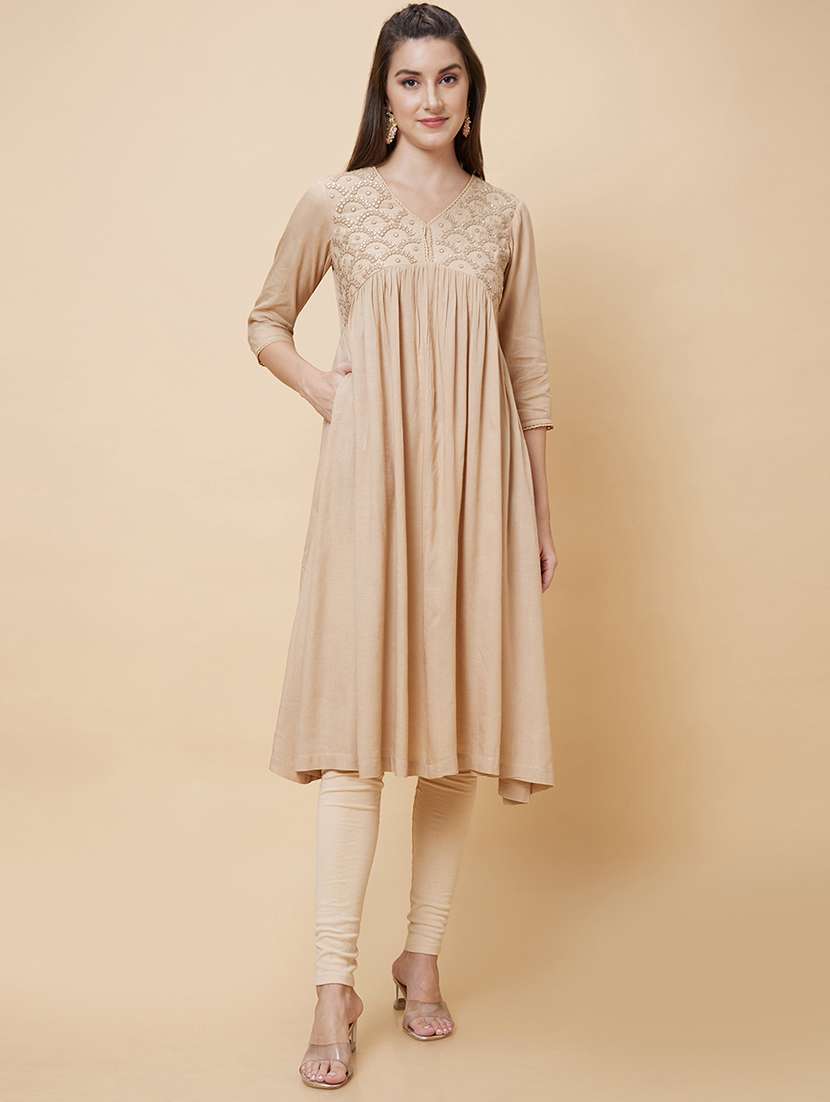 women v-neck mirror work a-line kurta