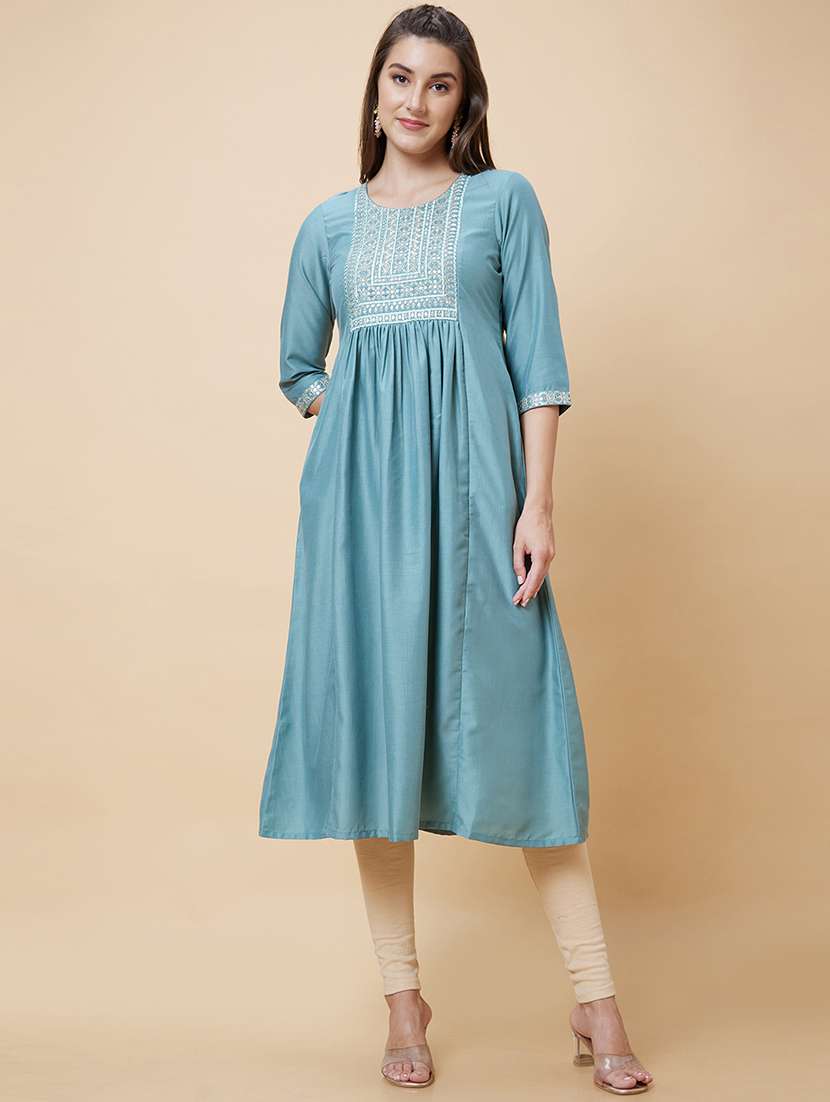 women light blue round neck a-line kurta