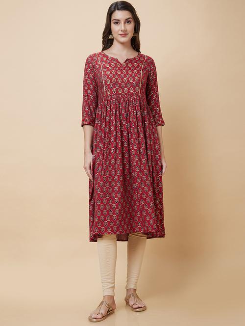 maroon foil printed a-line kurta - 20394954 -  Standard Image - 0