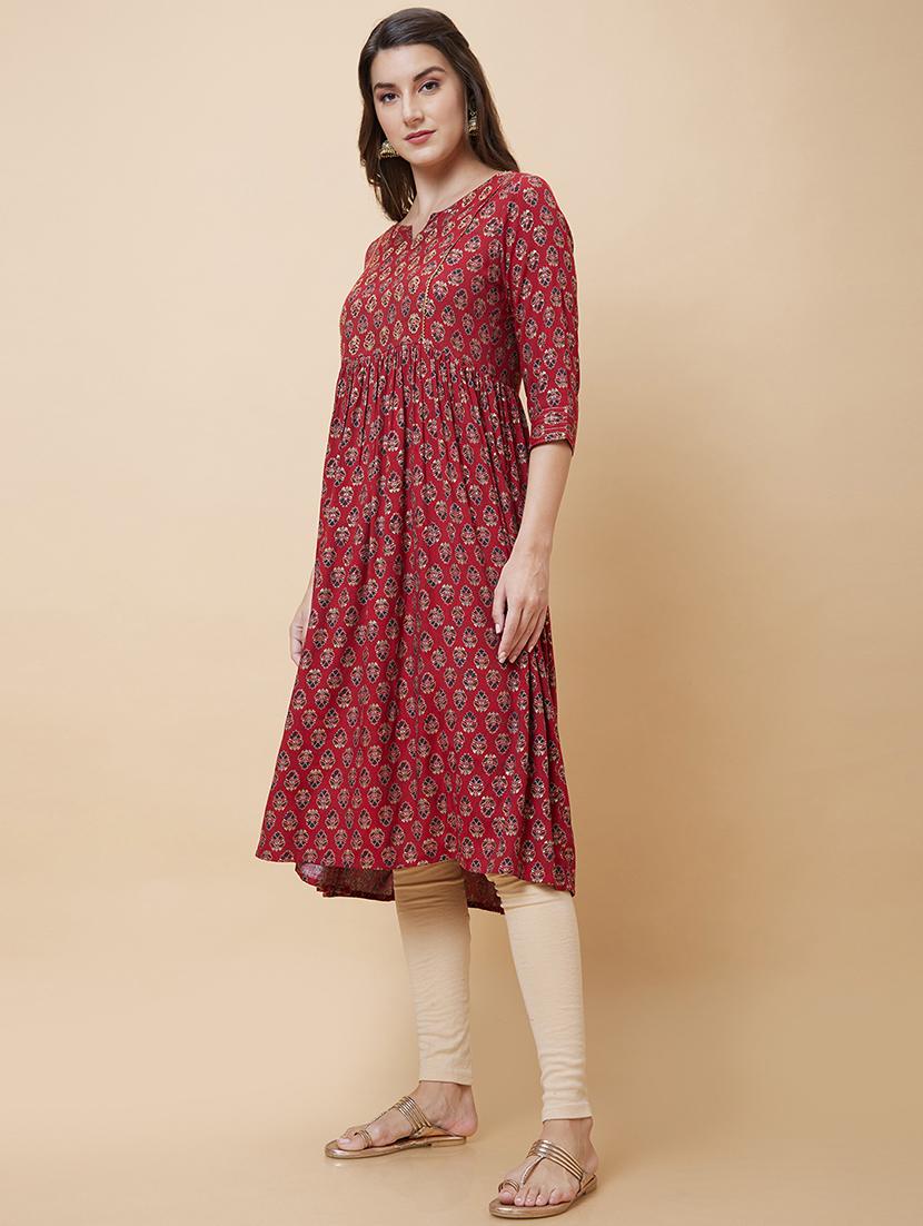maroon foil printed a-line kurta - 20394954 - Standard Image - 2