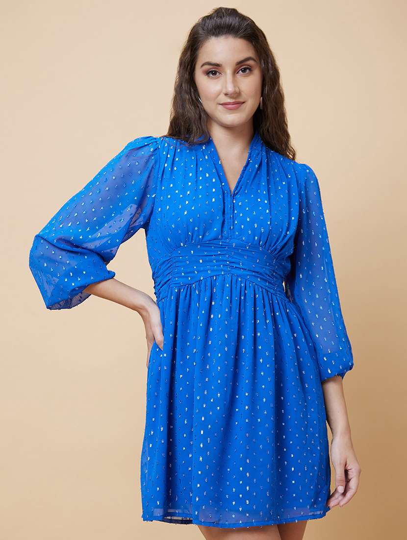 blue self-designed fit & flare dress