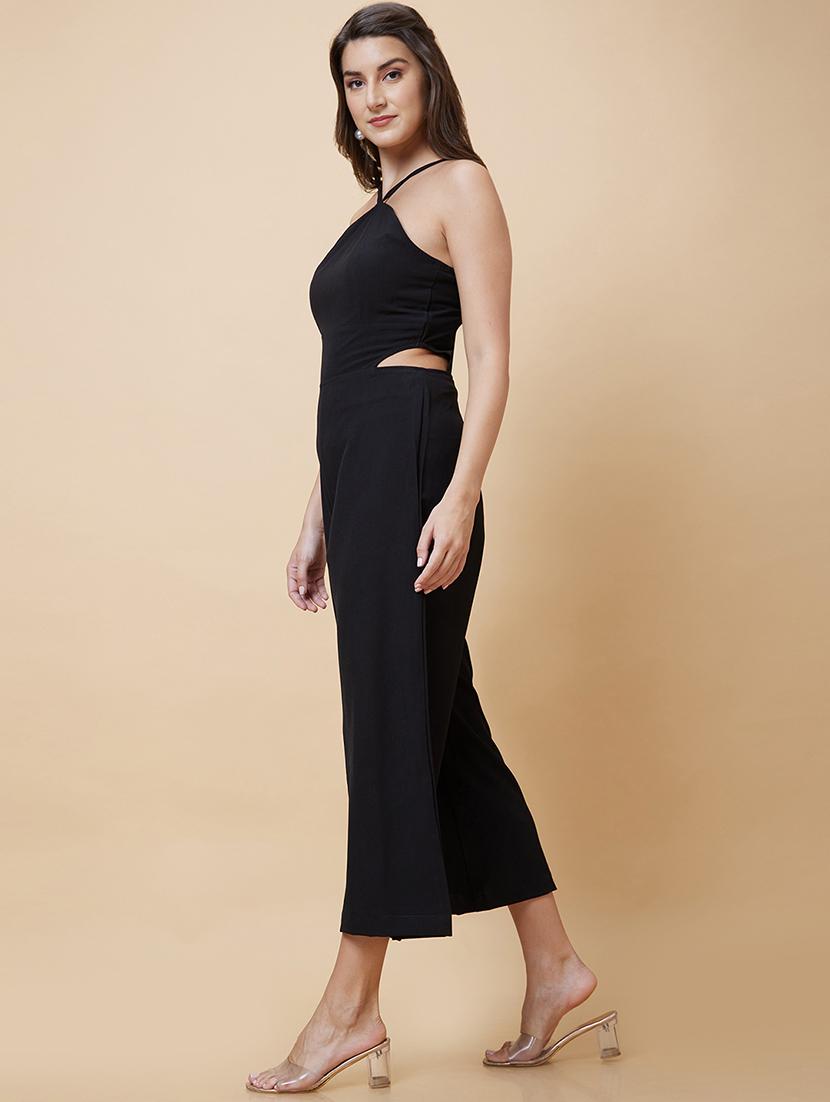 black solid halter neck full length jumpsuit - 20394967 - Standard Image - 2