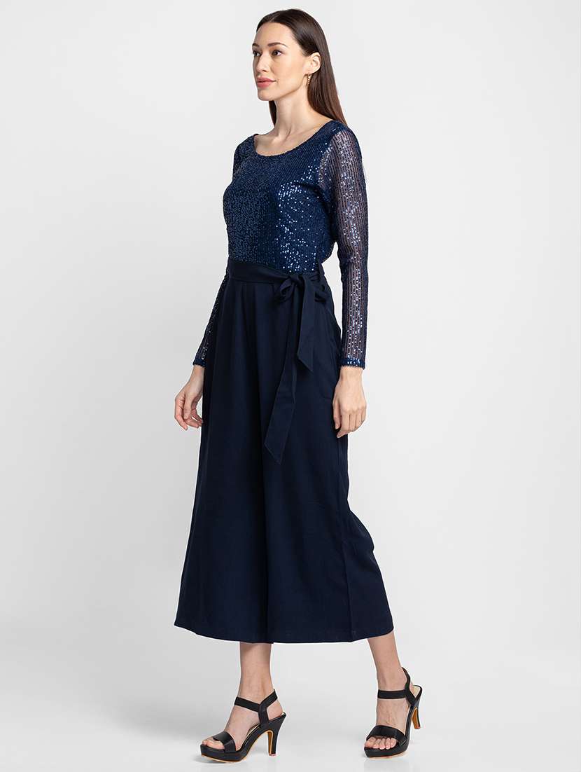navy blue sequined full lengthjumpsuit - 20394968 -  Standard Image - 2