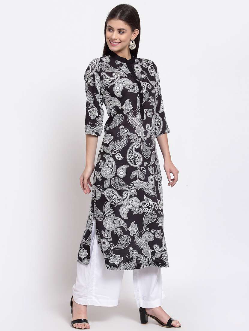 women black mandarin neck paisely straight kurta - 20395042 - Standard Image - 2