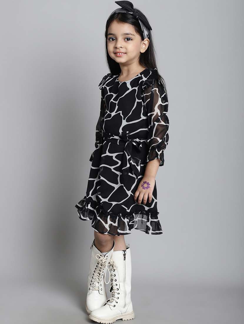 girls black round neck bell sleeve frock - 20396302 -  Standard Image - 2
