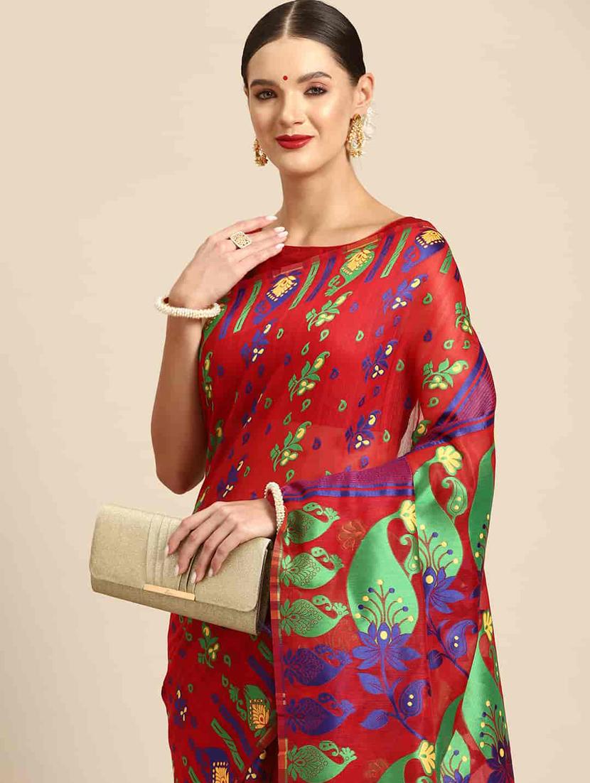 red cotton jamdani saree with blouse - 20396602 - Standard Image - 2