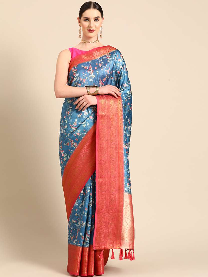 women's floral blue colored saree with blouse