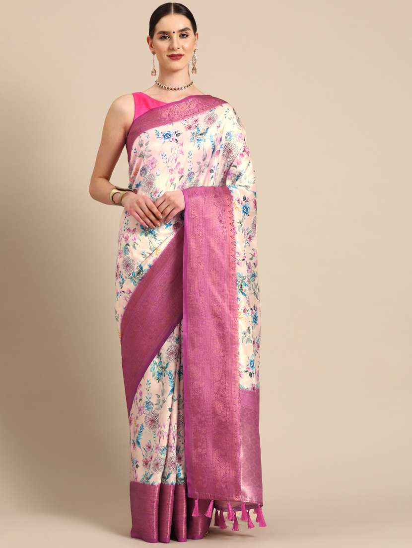 women's floral white colored saree with blouse