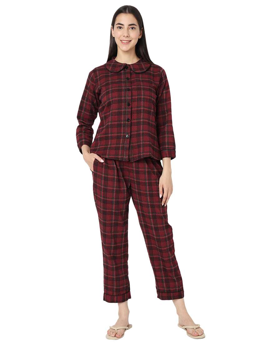women multi color checkered cotton nightwear pyjama set 