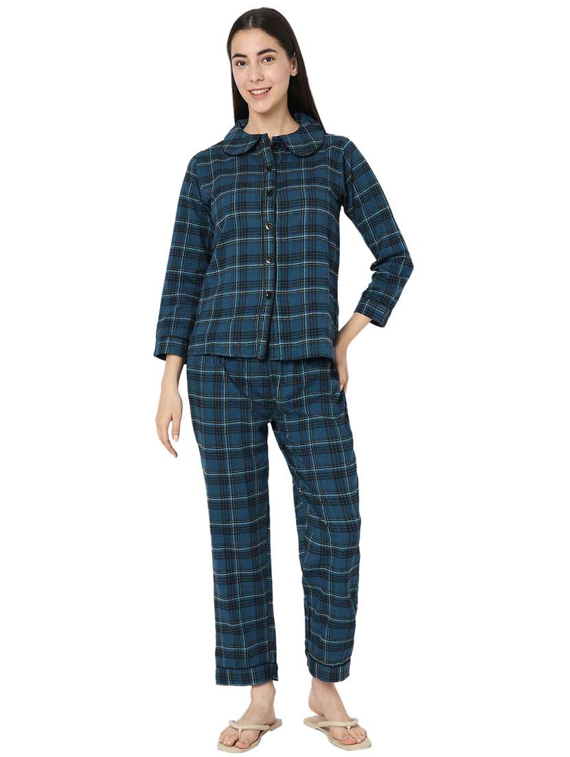 women multi color checkered cotton nightwear pyjama set 