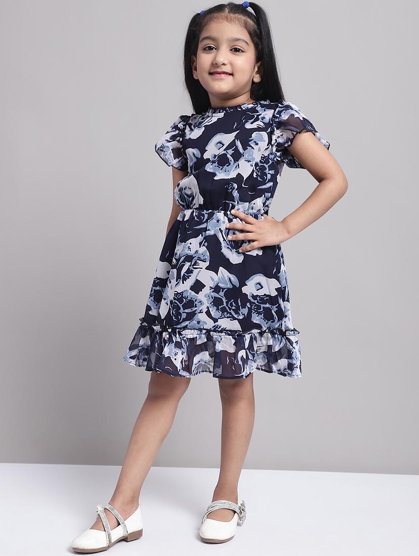 girls navy blue floral short sleeve a-line dress - 20396807 - Standard Image - 2