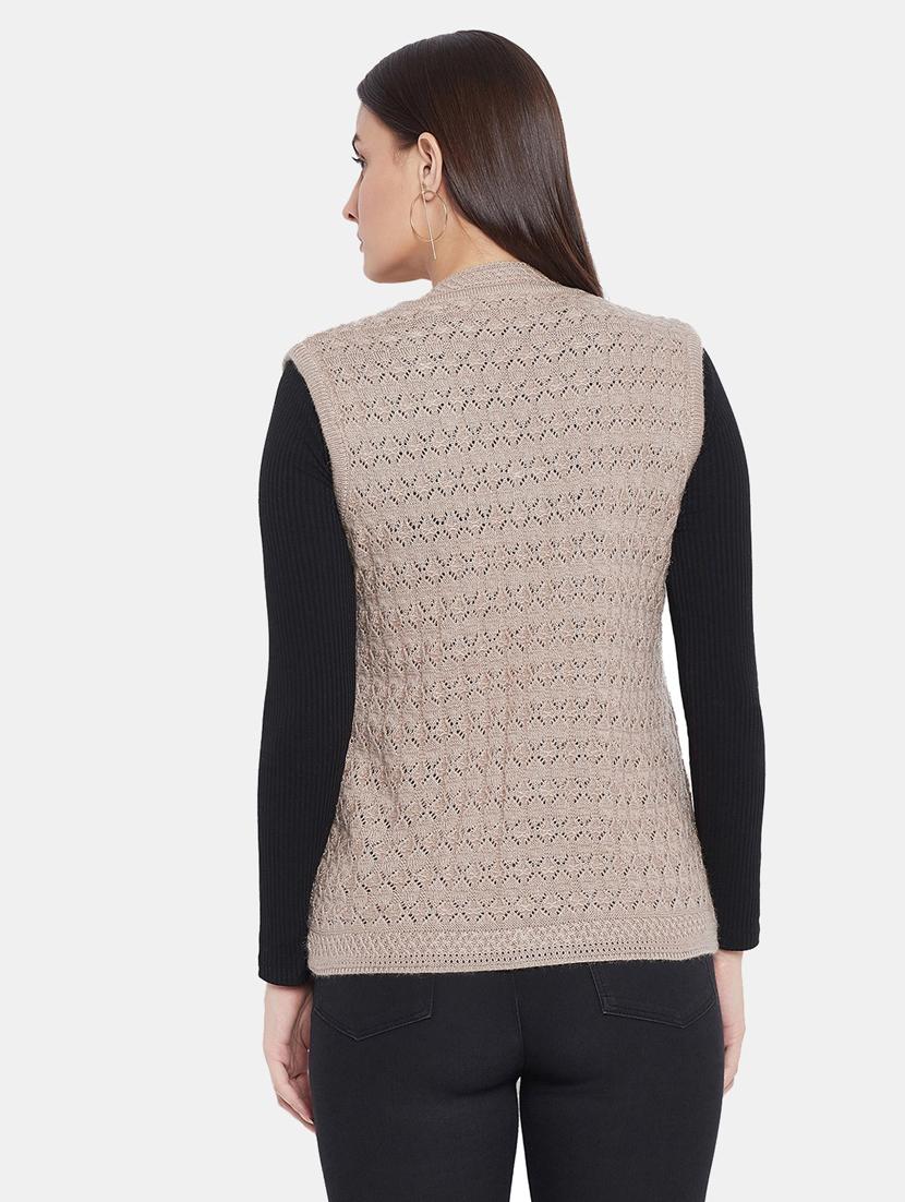 beige self designed sleeveless cardigan - 20396896 - Standard Image - 2