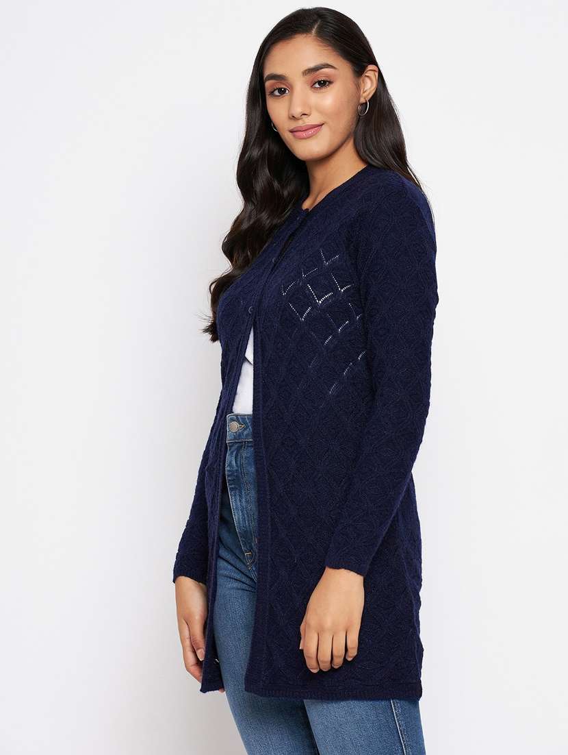 navy blue crew neck self design cardigan - 20396960 - Standard Image - 2