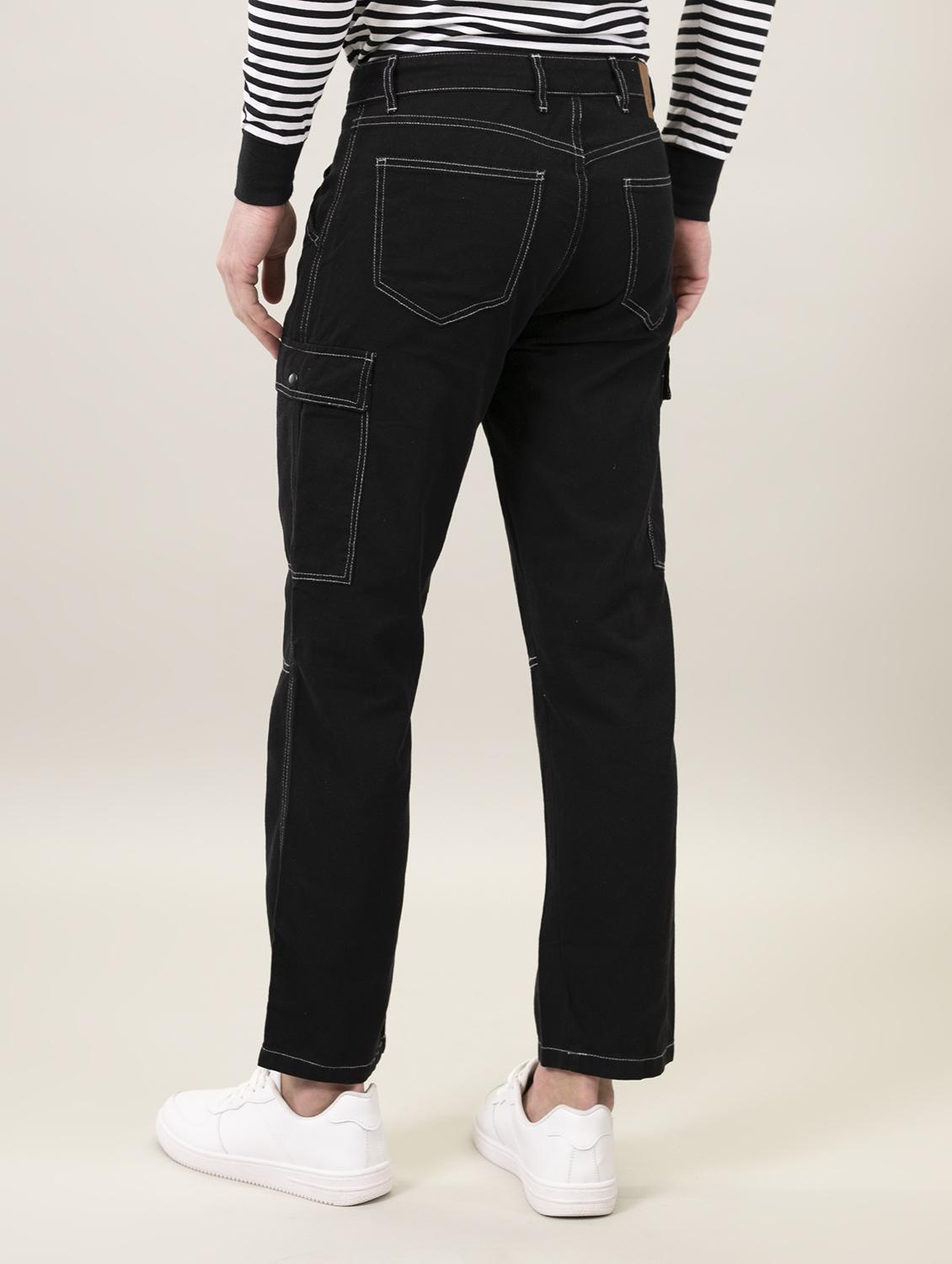 men solid black cotton cargo casual trouser - 20397319 - Standard Image - 2