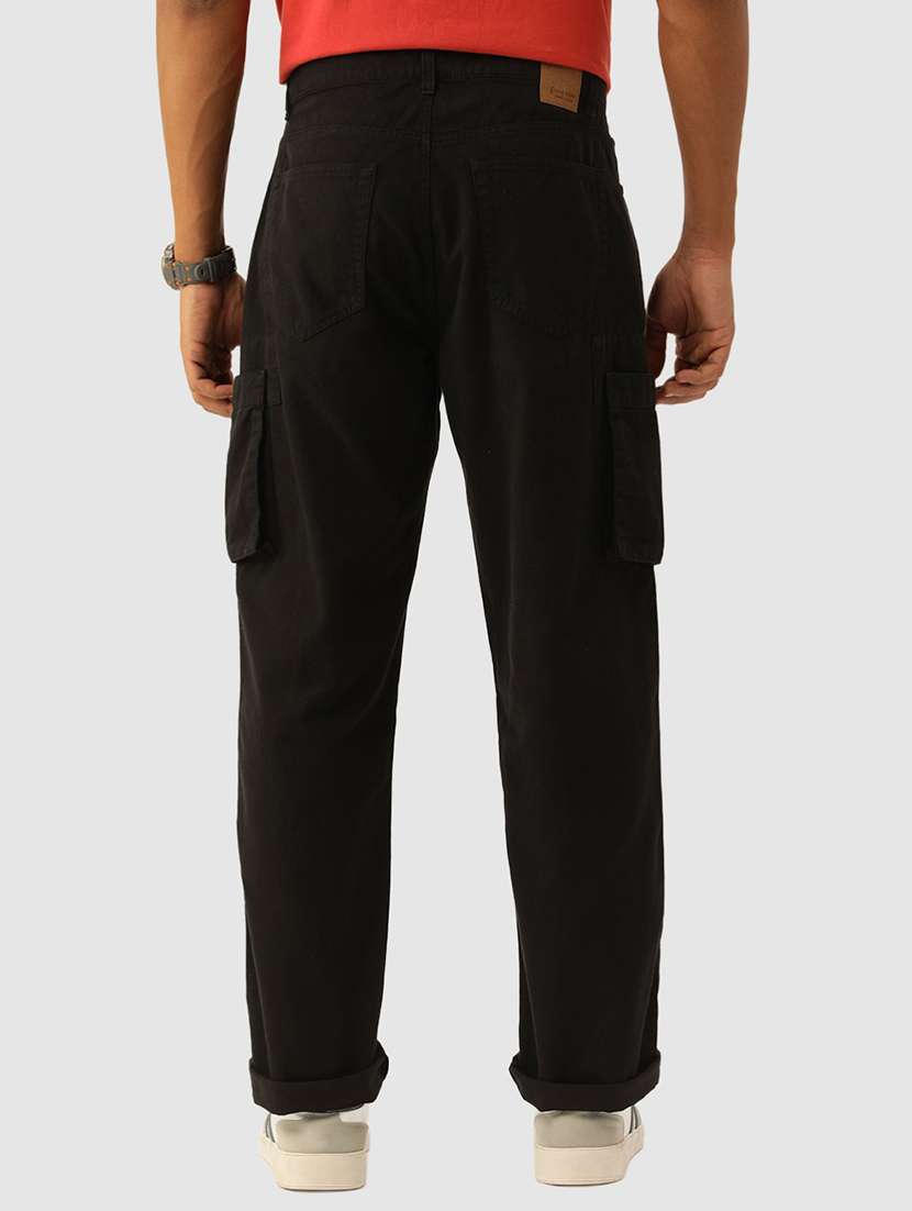 men solid black cotton cargo casual trouser - 20397325 -  Standard Image - 2
