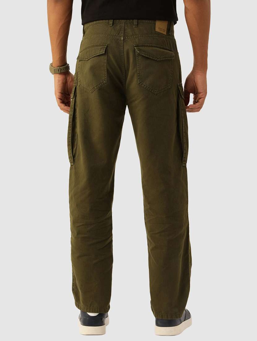 men solid olive green cotton cargo casual trouser - 20397327 -  Standard Image - 2