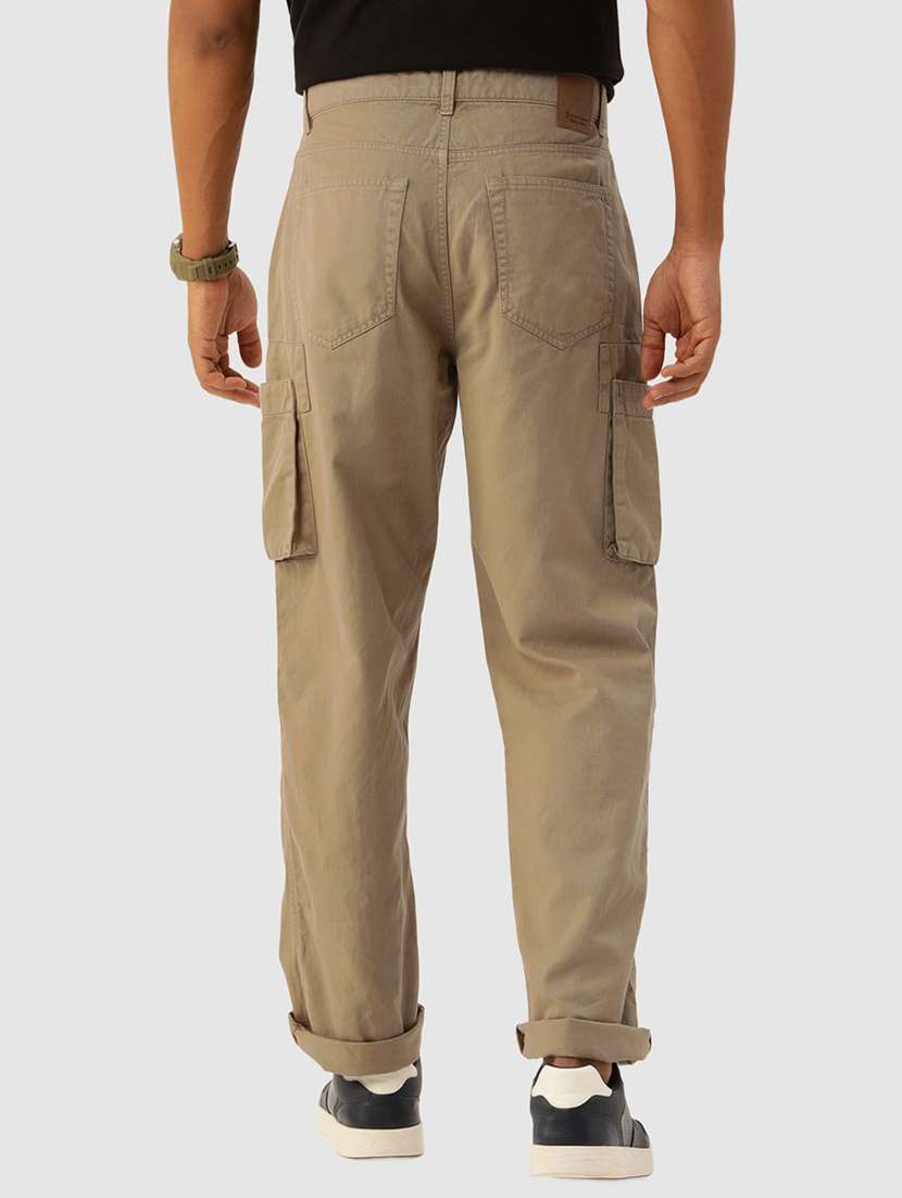 men solid khaki cotton cargos casual trouser - 20397338 -  Standard Image - 2
