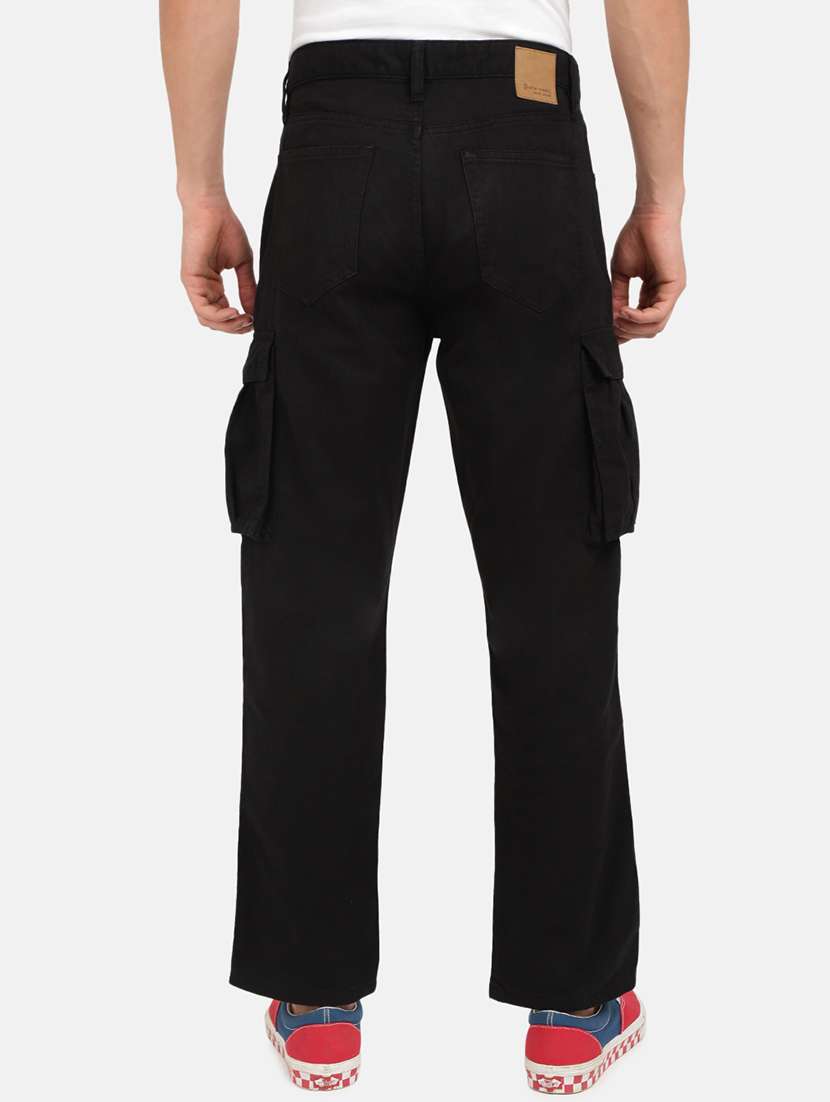 men solid black cotton cargos casual trouser - 20397360 -  Standard Image - 2