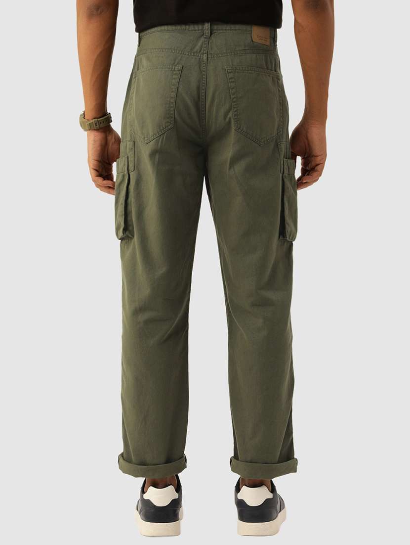 men solid olive green cotton cargo casual trouser - 20397361 -  Standard Image - 2